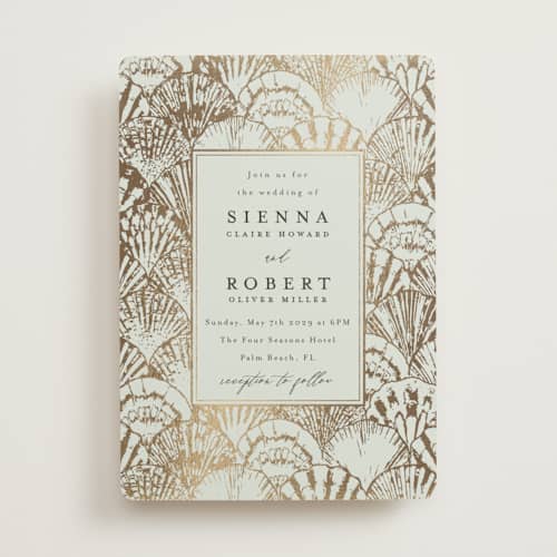 This is a sea foam foil stamped wedding invitations with foil pressed by Maria Alou called by the seashore printing on signature in standard