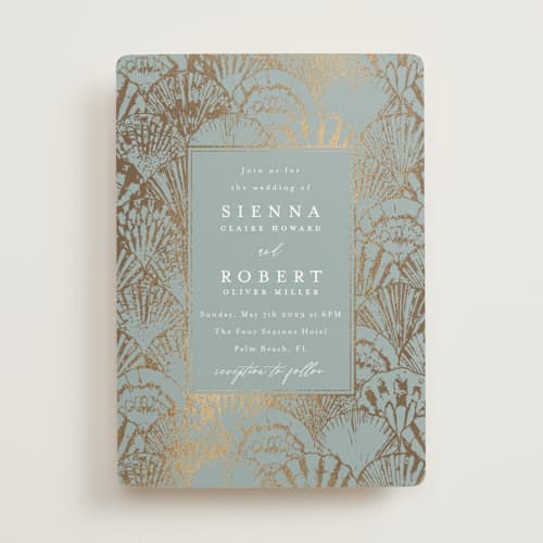 This is a ocean foil stamped wedding invitations with foil pressed by Maria Alou called by the seashore printing on signature in standard