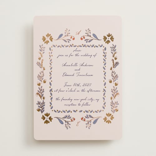 This is a wisteria foil stamped wedding invitations with foil pressed by Monika Konieczna called together in bloom printing on signature in standard