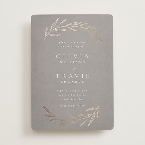 This is a mist foil stamped wedding invitations with foil pressed by Kelly Schmidt called leaves printing on signature in standard
