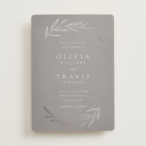 This is a mist foil stamped wedding invitations with foil pressed by Kelly Schmidt called leaves printing on signature in standard