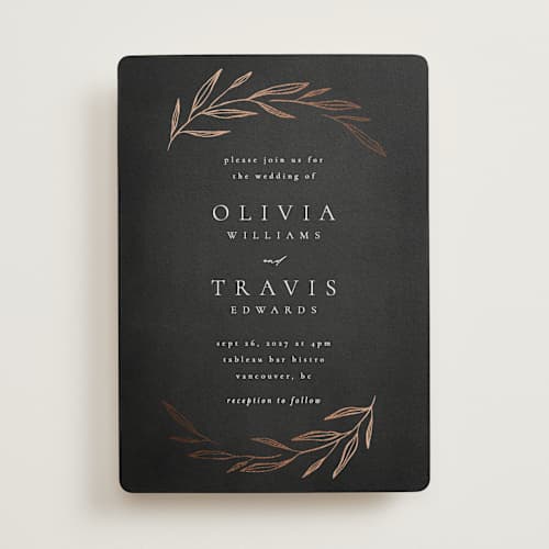 This is a charcoal foil stamped wedding invitations with foil pressed by Kelly Schmidt called leaves printing on signature in standard
