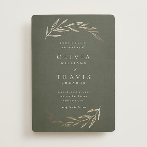 This is a moss foil stamped wedding invitations with foil pressed by Kelly Schmidt called leaves printing on signature in standard