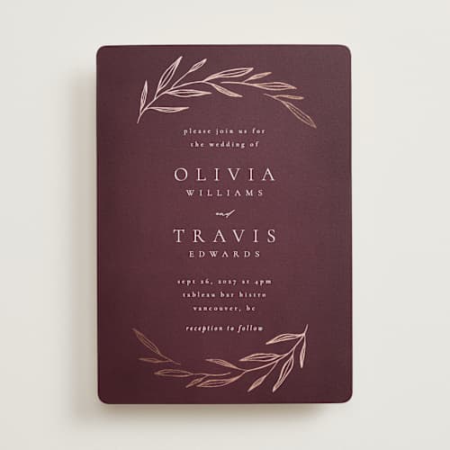 This is a merlot foil stamped wedding invitations with foil pressed by Kelly Schmidt called leaves printing on signature in standard