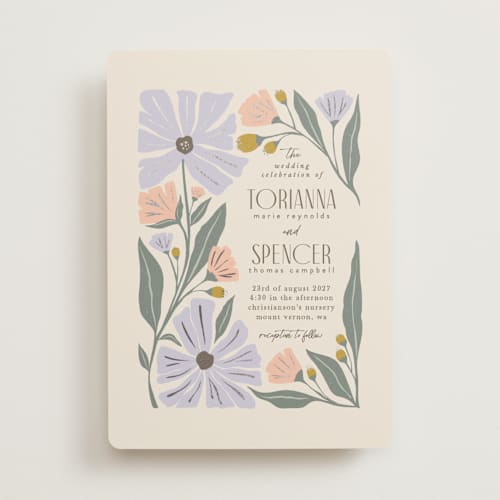 This is a periwinkle foil stamped wedding invitations with foil pressed by Karidy Walker called storybook garden printing on signature in standard