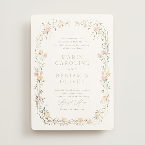 This is a golden summer foil stamped wedding invitations with foil pressed by Erin L. Wilson called victorian trellis printing on signature in standard