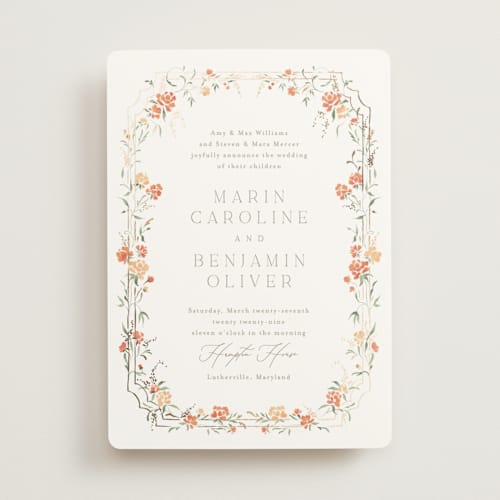 This is a verona sunset foil stamped wedding invitations with foil pressed by Erin L. Wilson called victorian trellis printing on signature in standard