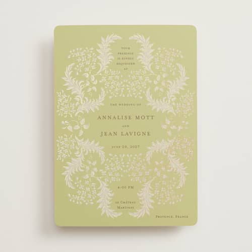 This is a citron foil stamped wedding invitations with foil pressed by Ani Somi called french train printing on signature in standard