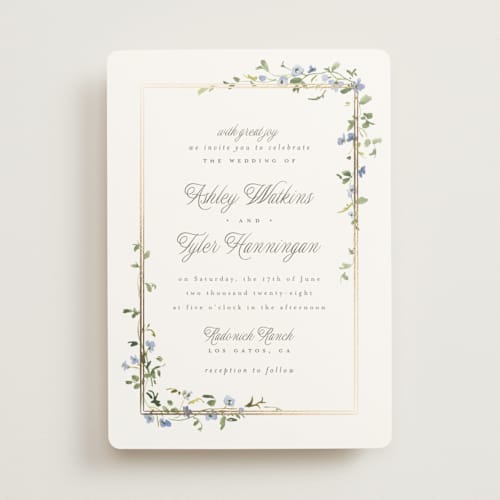 This is a bluebell foil stamped wedding invitations with foil pressed by Everett Paper Goods called flowering vine printing on signature in standard