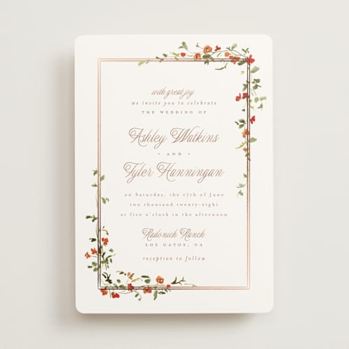 This is a nasturtium foil stamped wedding invitations with foil pressed by Everett Paper Goods called flowering vine printing on signature in standard