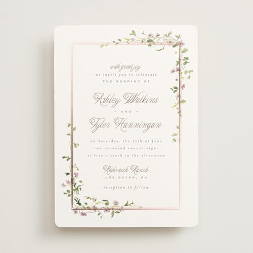 This is a lilac foil stamped wedding invitations with foil pressed by Everett Paper Goods called flowering vine printing on signature in standard