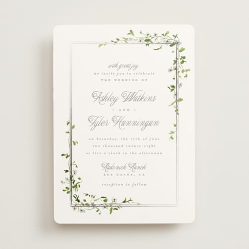 This is a dew foil stamped wedding invitations with foil pressed by Everett Paper Goods called flowering vine printing on signature in standard