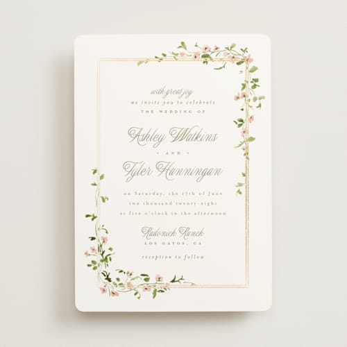 This is a peony foil stamped wedding invitations with foil pressed by Everett Paper Goods called flowering vine printing on signature in standard