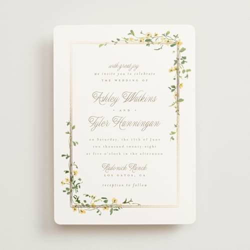 This is a mimosa foil stamped wedding invitations with foil pressed by Everett Paper Goods called flowering vine printing on signature in standard