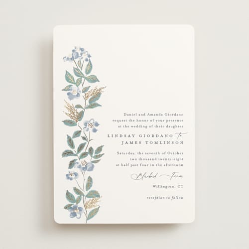 This is a sapphire foil stamped wedding invitations with foil pressed by Olivia Raufman called climbing florals printing on signature in standard