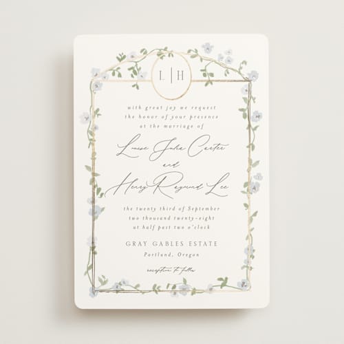 This is a blue bell foil stamped wedding invitations with foil pressed by Everett Paper Goods called portico printing on signature in standard