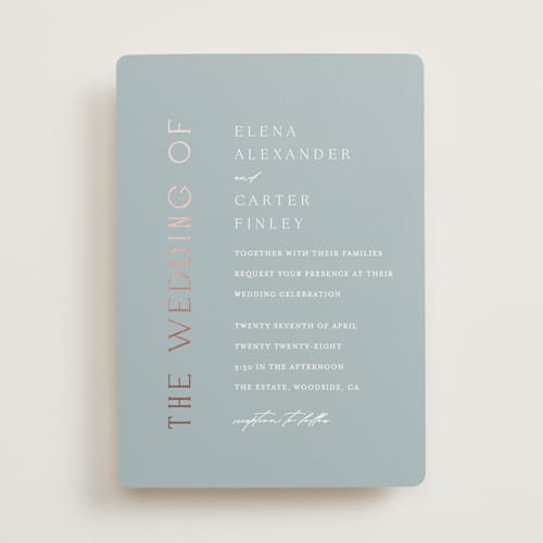 This is a provincial foil stamped wedding invitations with foil pressed by Angela Thompson called gilded edge printing on signature in standard