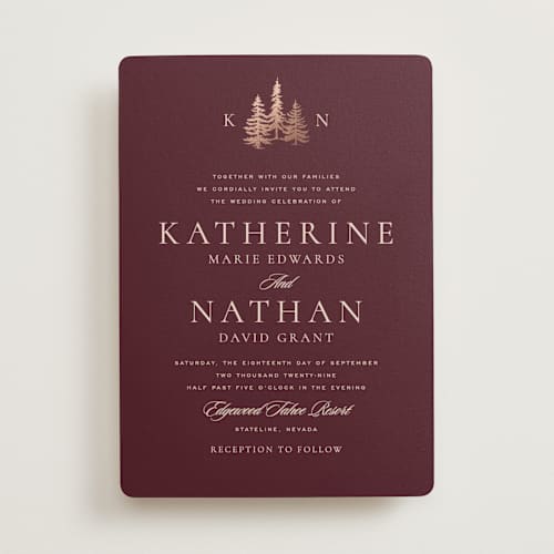 This is a berry foil stamped wedding invitations with foil pressed by Stacy Maalouf called gilded forest printing on signature in standard