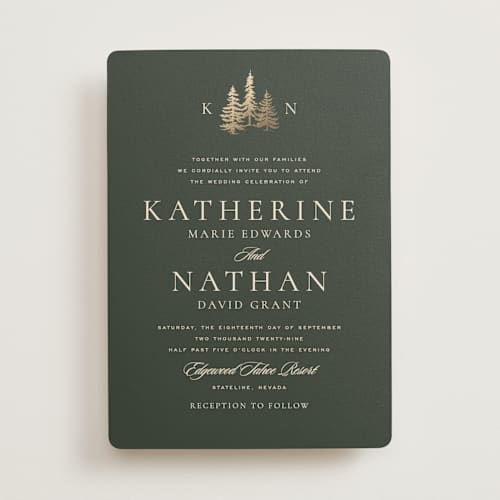 This is a pine foil stamped wedding invitations with foil pressed by Stacy Maalouf called gilded forest printing on signature in standard