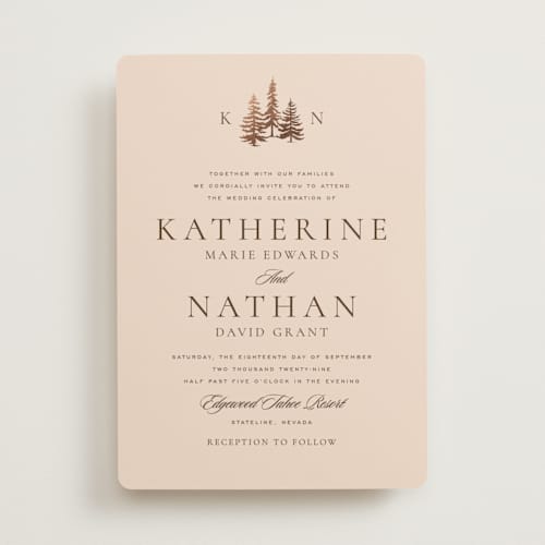 This is a petal foil stamped wedding invitations with foil pressed by Stacy Maalouf called gilded forest printing on signature in standard