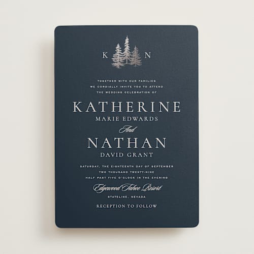 This is a midnight foil stamped wedding invitations with foil pressed by Stacy Maalouf called gilded forest printing on signature in standard