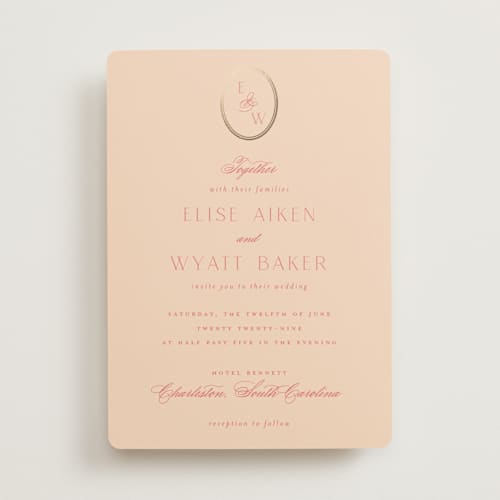 This is a peach foil stamped wedding invitations with foil pressed by Emily Betts called scallop monogram printing on signature in standard