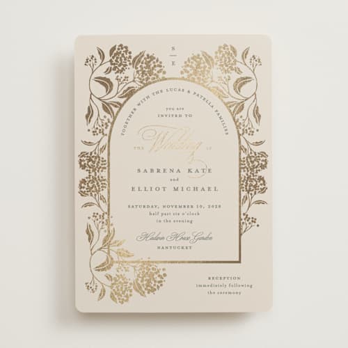 This is a tea time foil stamped wedding invitations with foil pressed by Susan Zinader called shimmering hydrangeas printing on signature in standard