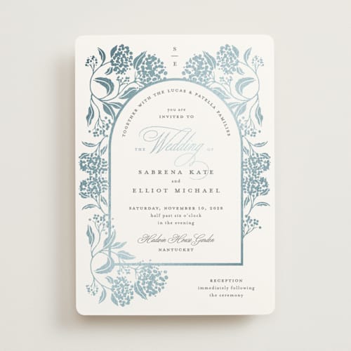 This is a dove foil stamped wedding invitations with foil pressed by Susan Zinader called shimmering hydrangeas printing on signature in standard