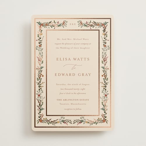 This is a autumn foil stamped wedding invitations with foil pressed by Susan Moyal called blooming vine printing on signature in standard