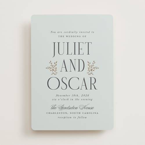 This is a mist foil stamped wedding invitations with foil pressed by Laura Hankins called enchanted printing on signature in standard