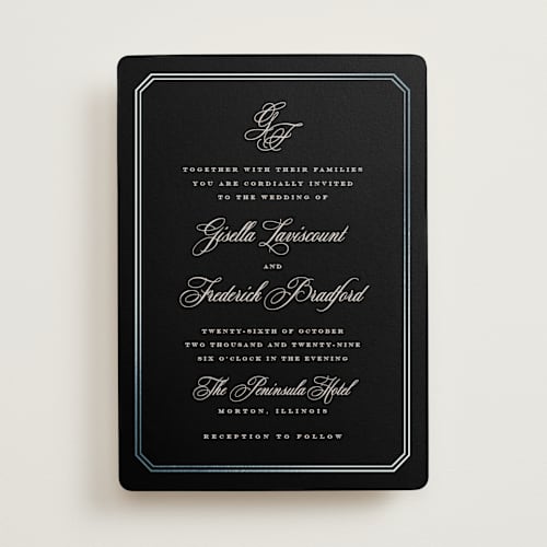 This is a licorice foil stamped wedding invitations with foil pressed by chocomocacino called othellolagkage printing on signature in standard