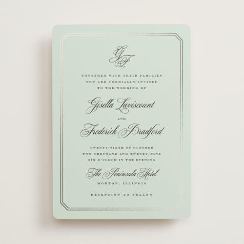 This is a seafoam foil stamped wedding invitations with foil pressed by chocomocacino called othellolagkage printing on signature in standard