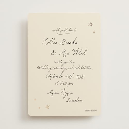 This is a noir foil stamped wedding invitations with foil pressed by Ani Somi called written in the stars printing on signature in standard