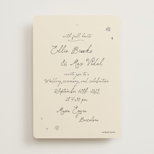 This is a noir foil stamped wedding invitations with foil pressed by Ani Somi called written in the stars printing on signature in standard