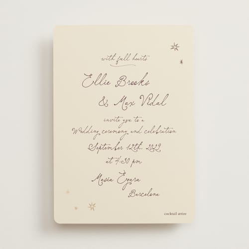 This is a berry plum foil stamped wedding invitations with foil pressed by Ani Somi called written in the stars printing on signature in standard