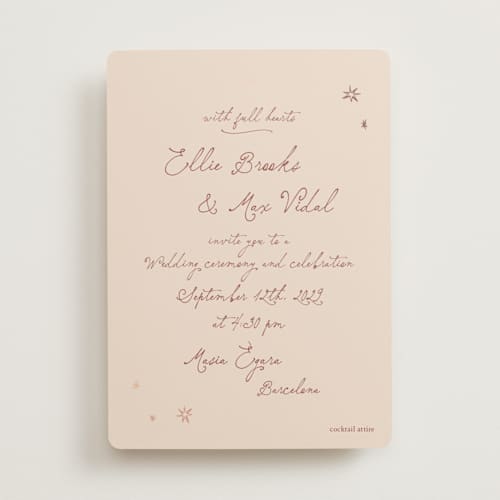 This is a terracotta sunset foil stamped wedding invitations with foil pressed by Ani Somi called written in the stars printing on signature in standard