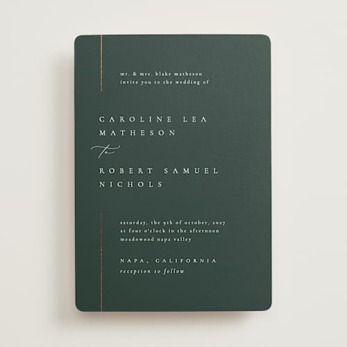 This is a evergreen foil stamped wedding invitations with foil pressed by Kelly Schmidt called london printing on signature in standard