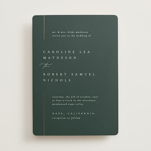 This is a evergreen foil stamped wedding invitations with foil pressed by Kelly Schmidt called london printing on signature in standard