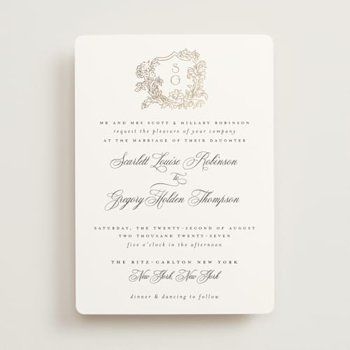 This is a pearl foil stamped wedding invitations with foil pressed by Jenna Holcomb called rococo printing on signature in standard