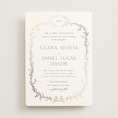 This is a alabaster foil stamped wedding invitations with foil pressed by Susan Moyal called delicate vine printing on signature in standard