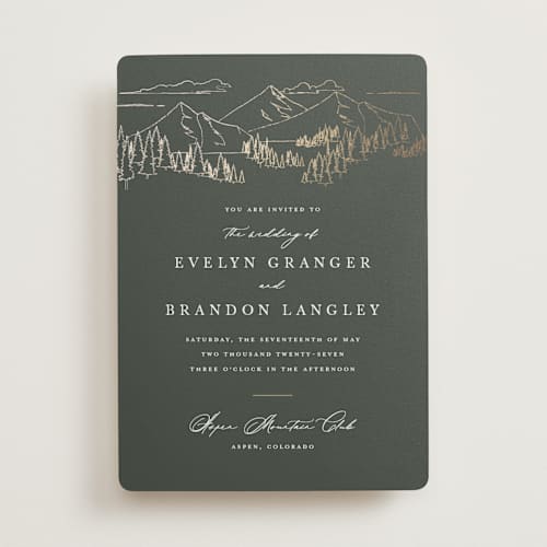 This is a hunter foil stamped wedding invitations with foil pressed by Sarah Brown called peaks printing on signature in standard