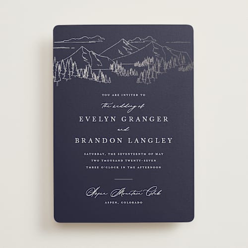 This is a navy foil stamped wedding invitations with foil pressed by Sarah Brown called peaks printing on signature in standard