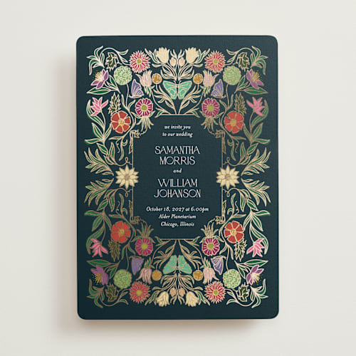 This is a midnight garden foil stamped wedding invitations with foil pressed by Simona Camp called gilded tapestry printing on signature in standard