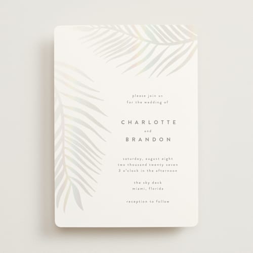 This is a porcelain gloss press wedding invitations with gloss press by Pixel and Hank called palm vibes printing on signature in standard