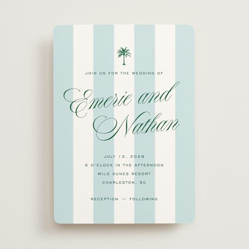 This is a low tide wedding invitations with standard by Susan Zinader called island palm printing on signature in standard