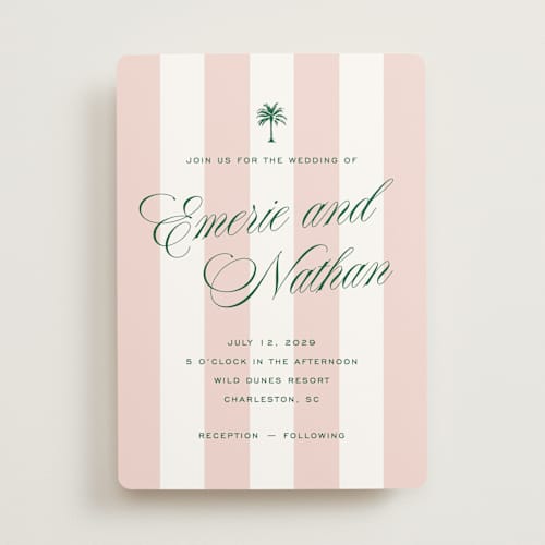 This is a taffy wedding invitations with standard by Susan Zinader called island palm printing on signature in standard