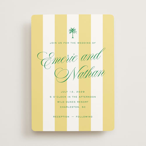 This is a limoncello wedding invitations with standard by Susan Zinader called island palm printing on signature in standard