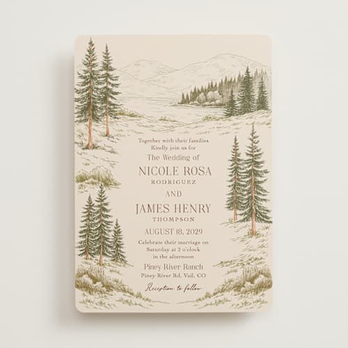 This is a cedar wedding invitations with standard by Elly called whispering pines printing on signature in standard