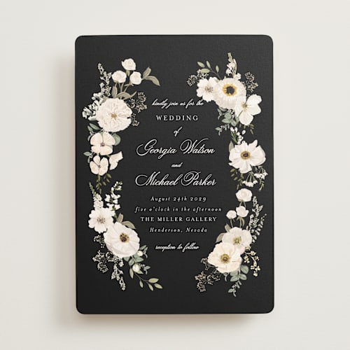 This is a black tie wedding invitations with standard by Susan Moyal called cherished printing on signature in standard