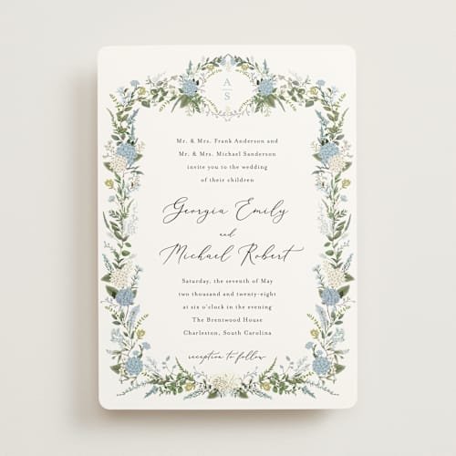 This is a coastal wedding invitations with standard by Susan Moyal called hydrangea vine printing on signature in standard